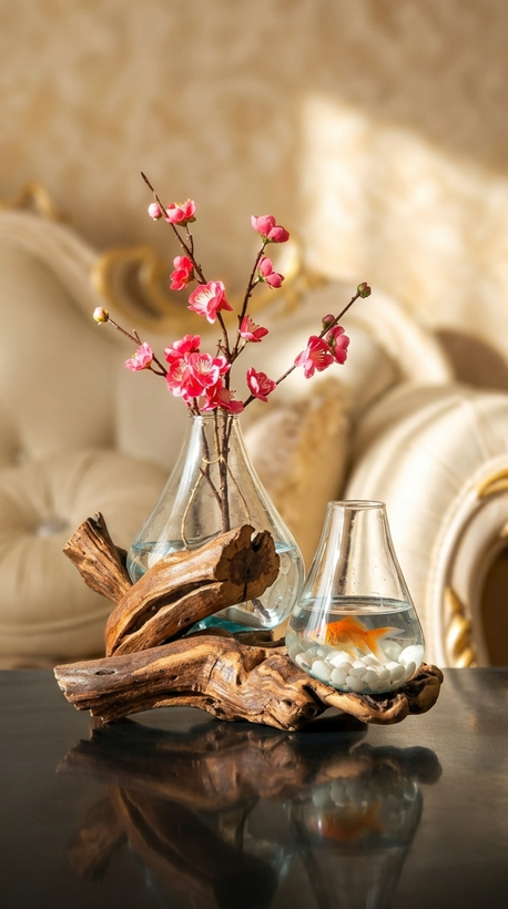 گلدان چوب و دو شیشه